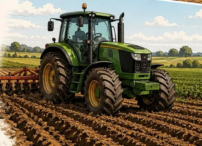 Tractor working a ploughed field