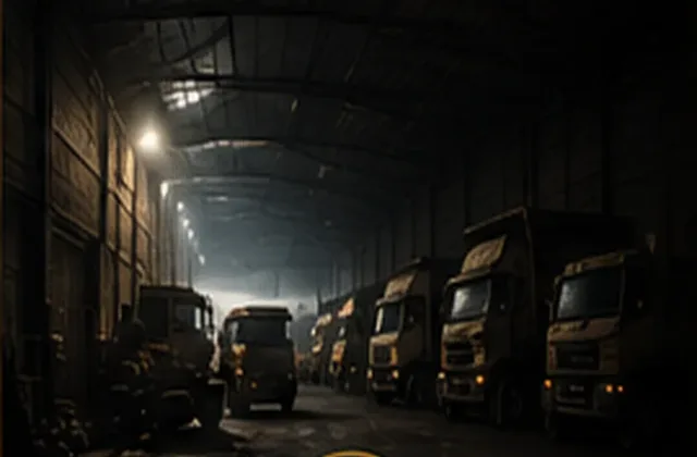 Fleet of trucks parked in a depot waiting to load