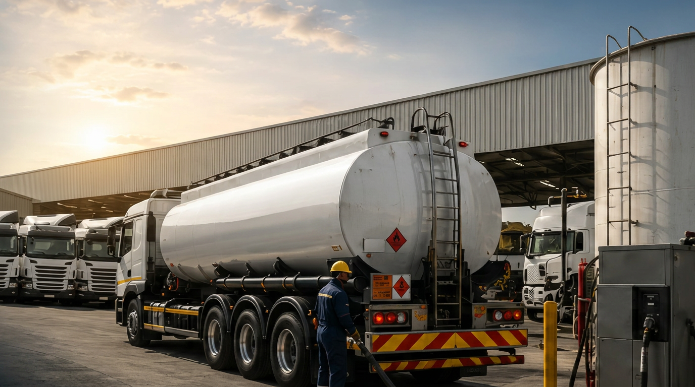 Fuel tankers staged at a supply depot