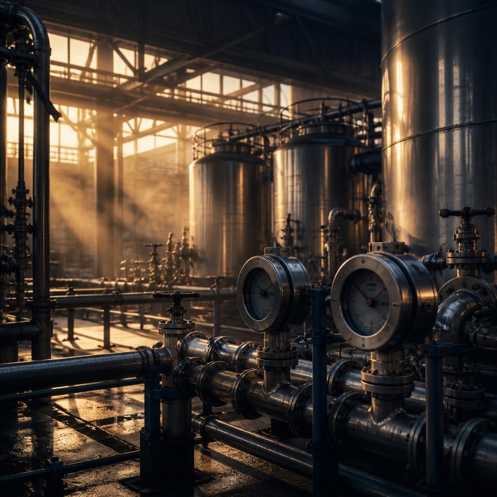 Industrial pipework and storage tanks inside a manufacturing plant