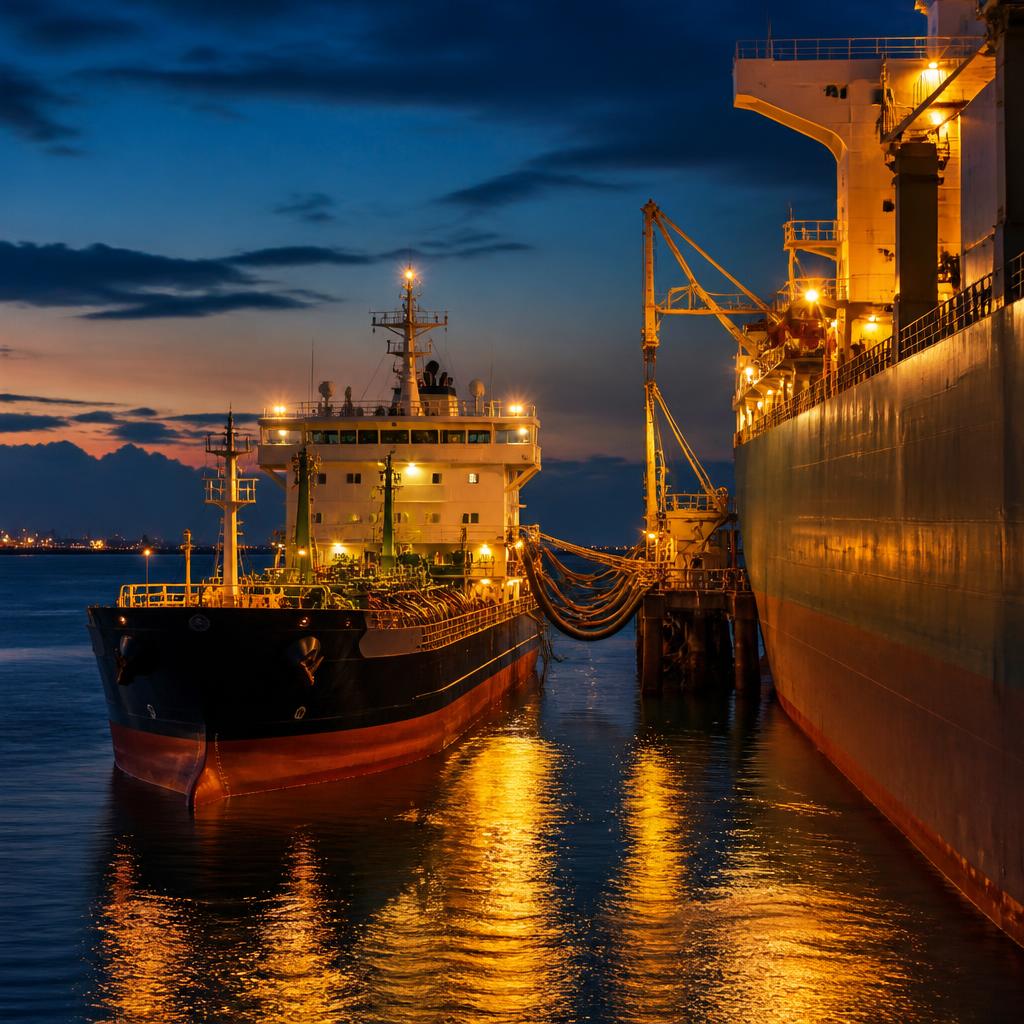 Bunkering tanker vessel fuelling a cargo ship at a harbour at dusk