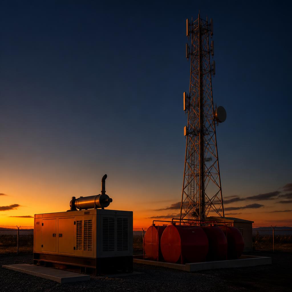 Diesel generator and fuel tanks beside a telecommunications tower at dusk